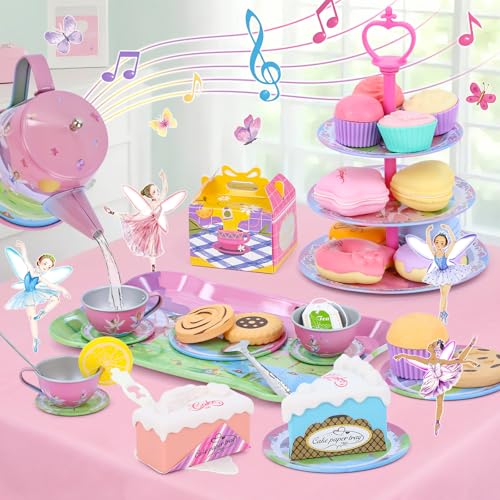 PRE-WORLD Tea Party Set for Toddles 3553PCS Musical Kids Tea Set for Little Girls with DessertCookiesDoughnutCakeCake StandTablecloth Carrying CaseKitchen Pretend Play Toys for Girls Boys Age 36 - Image 5