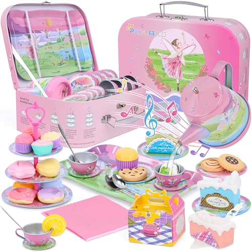 PRE-WORLD Tea Party Set for Toddles 3553PCS Musical Kids Tea Set for Little Girls with DessertCookiesDoughnutCakeCake StandTablecloth Carrying CaseKitchen Pretend Play Toys for Girls Boys Age 36 - Image 1