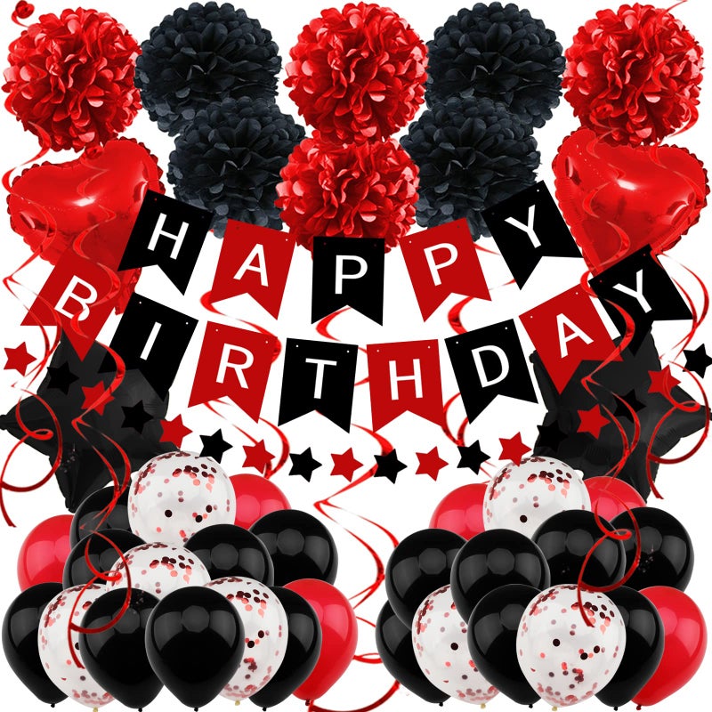 ZERODECO ZERODECO Birthday Decorations  Black  Red Party Decorations with Happy Birthday Banner Pompoms Balloons for Boys Girls Men  Women 
