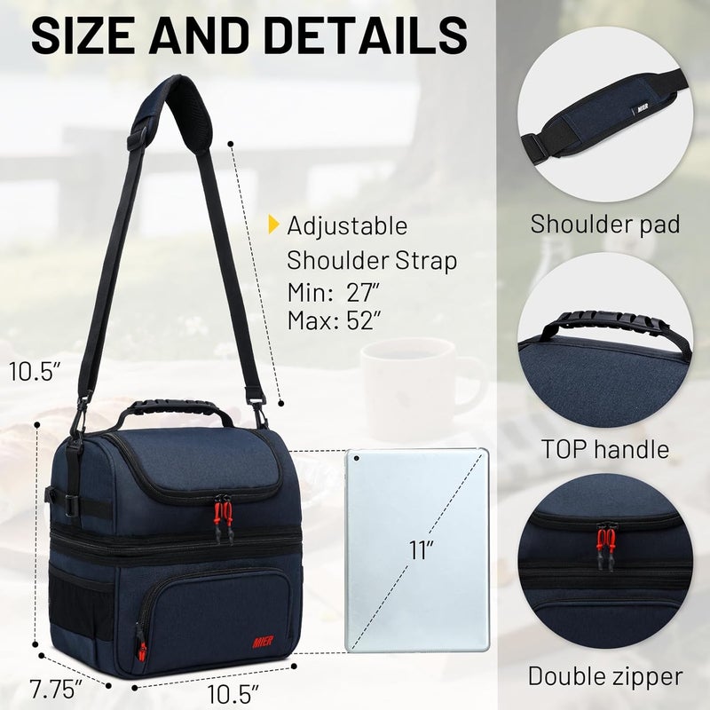 MIER Dual Compartment Lunch Bag Tote with Shoulder Strap for Men and Women Insulated Leakproof Cooler Bag, Dark Blue - Image 4