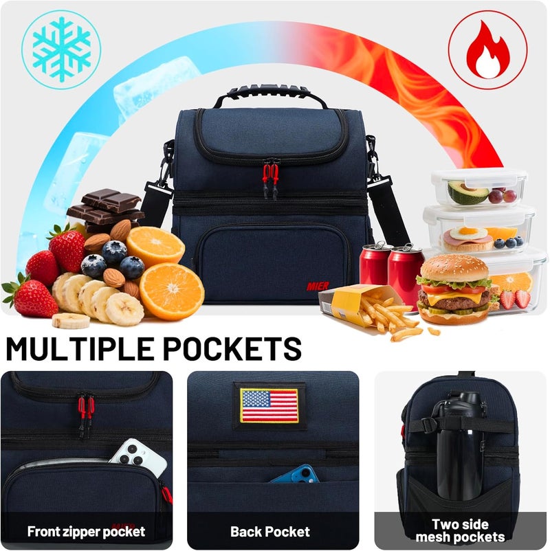 MIER Dual Compartment Lunch Bag Tote with Shoulder Strap for Men and Women Insulated Leakproof Cooler Bag, Dark Blue - Image 3