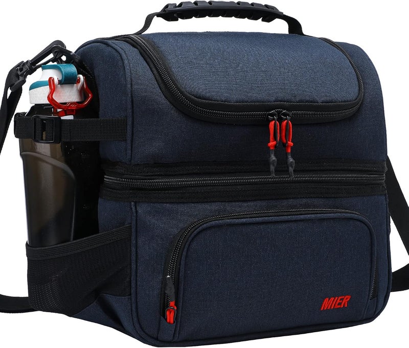 MIER Dual Compartment Lunch Bag Tote with Shoulder Strap for Men and Women Insulated Leakproof Cooler Bag, Dark Blue - Image 1