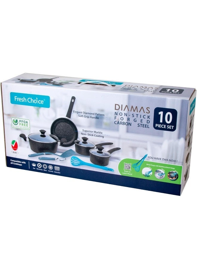 fresh choice طقم أواني الطهي DIAMAS 10 قطع غير لاصق من الفولاذ الكربوني المطروق - Image 2