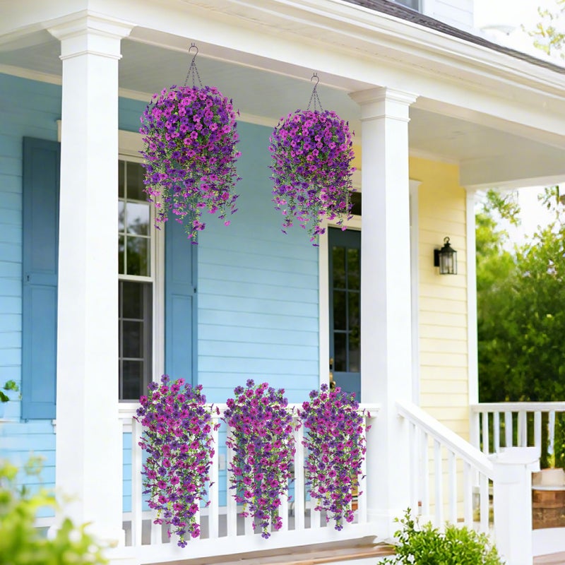 Ammyoo 2Pcs Fake Hanging Flowers for Outdoor Decoration Artificial Hanging Flowers Realistic Daisy Plants UV Resistant, Faux Silk Flower for Porch Patio Window Sill Outside Decor(Purple Deep Purple) - Image 4