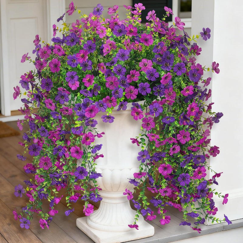 Ammyoo 2Pcs Fake Hanging Flowers for Outdoor Decoration Artificial Hanging Flowers Realistic Daisy Plants UV Resistant, Faux Silk Flower for Porch Patio Window Sill Outside Decor(Purple Deep Purple) - Image 1