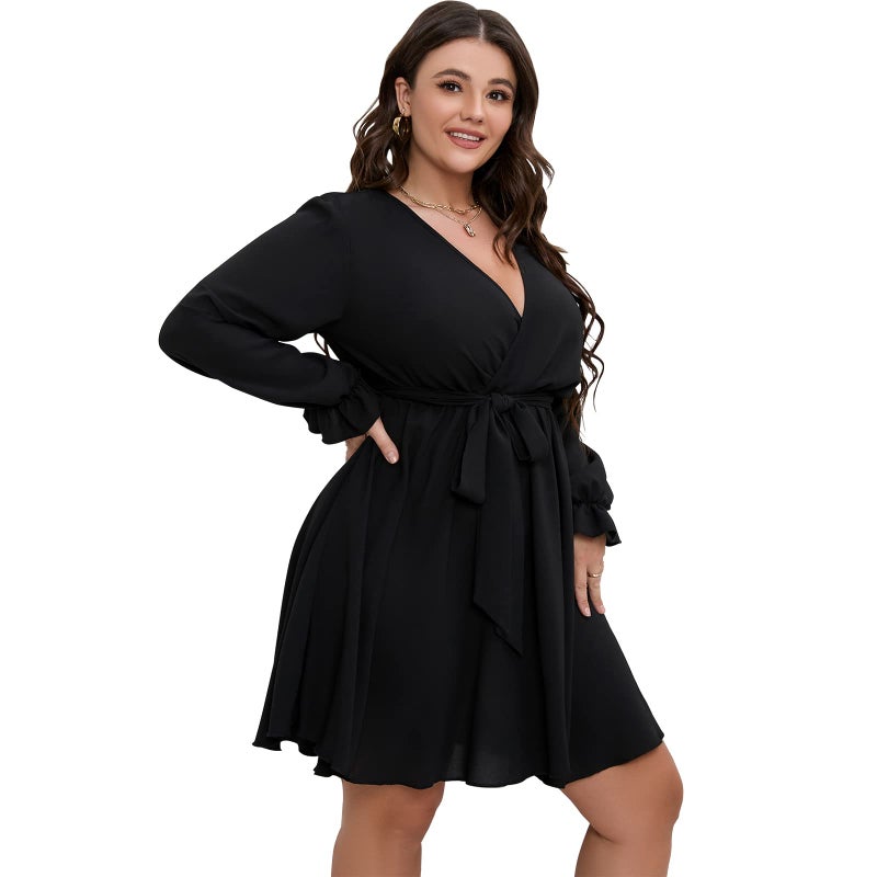 SCOMCHIC Women's Plus Size Long Sleeve Wrap V Neck Tie Waist A Line Mini Dress Black - Image 4