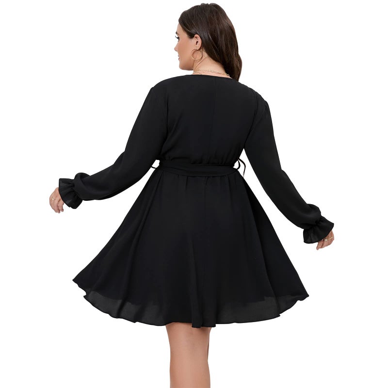 SCOMCHIC Women's Plus Size Long Sleeve Wrap V Neck Tie Waist A Line Mini Dress Black - Image 5