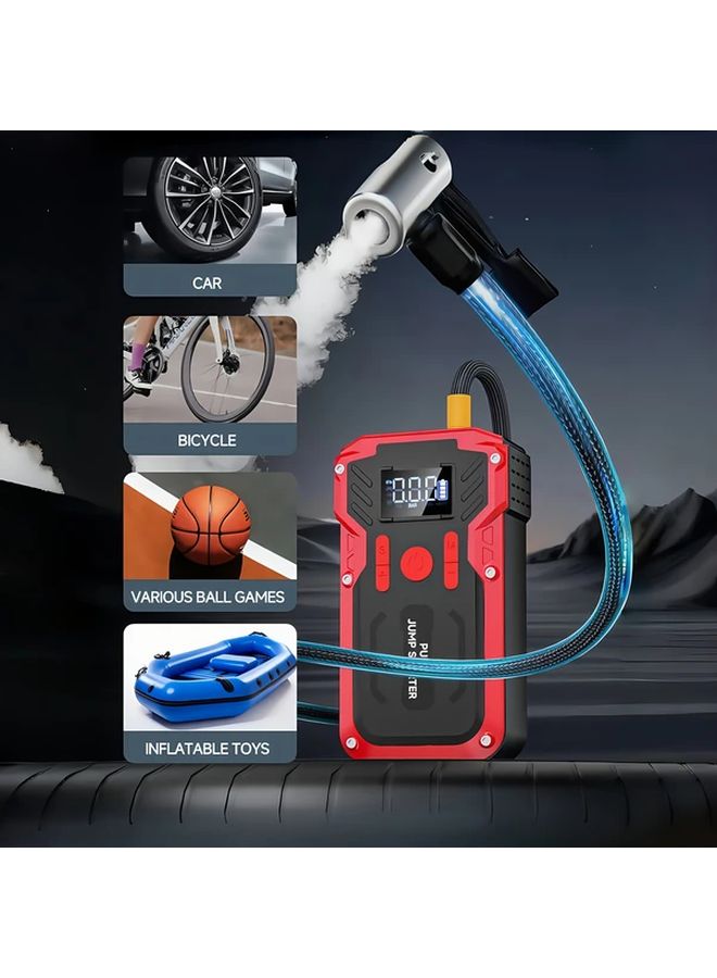 Red Portable Car Emergency Power Bank Jump Starter Tire Inflator With Light - Image 1