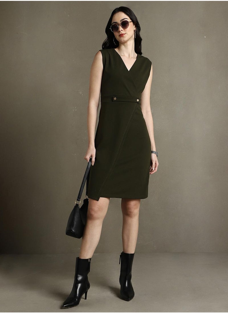 Dennis Lingo Women's Olive 100% Polyester Solid Knee Length Shift Regular Fit Dress  - Image 5