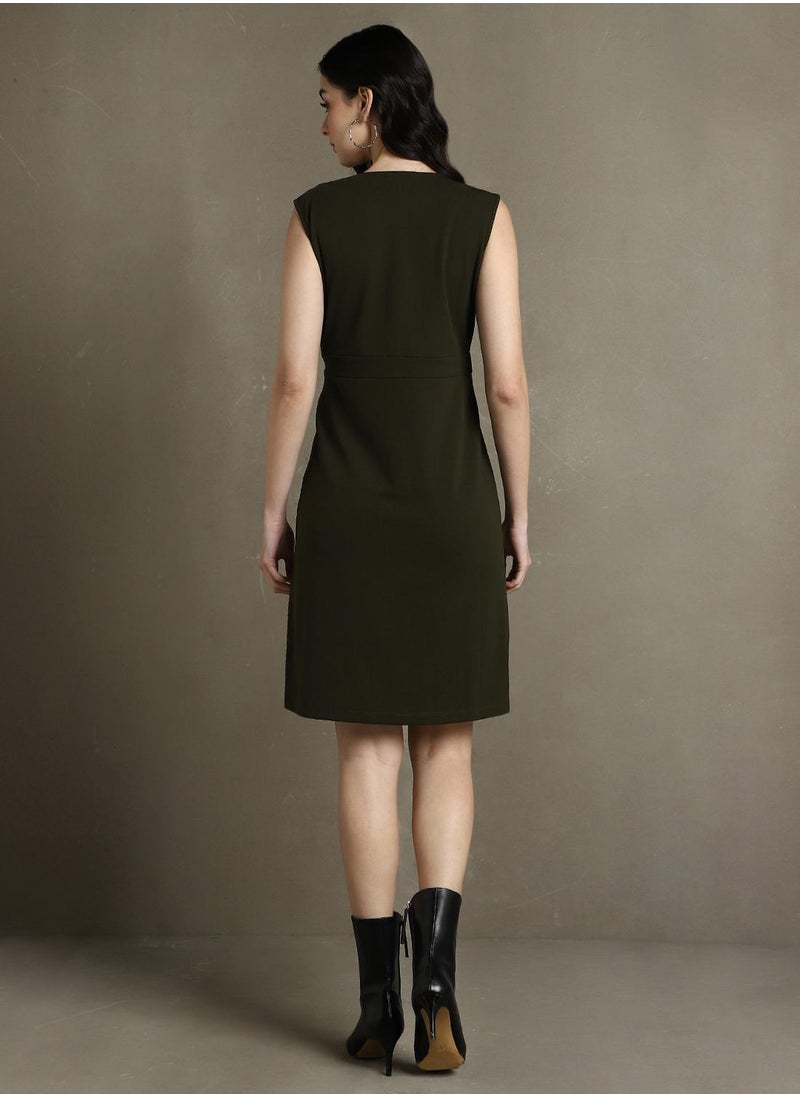 Dennis Lingo Women's Olive 100% Polyester Solid Knee Length Shift Regular Fit Dress  - Image 3
