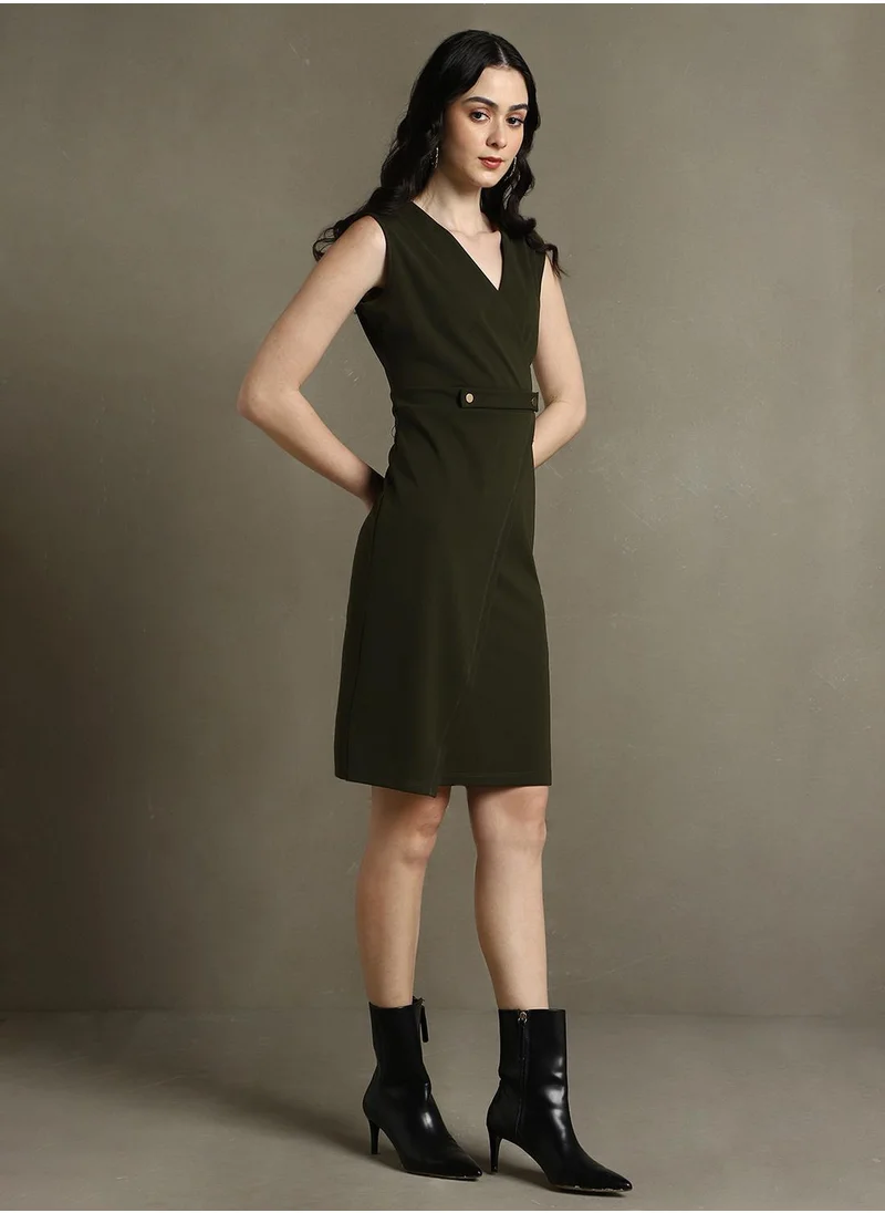 دينيس لينغو Women's Olive 100% Polyester Solid Knee Length Shift Regular Fit Dress