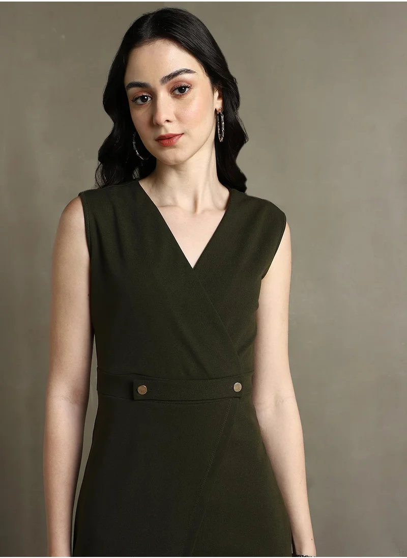 دينيس لينغو Women's Olive 100% Polyester Solid Knee Length Shift Regular Fit Dress