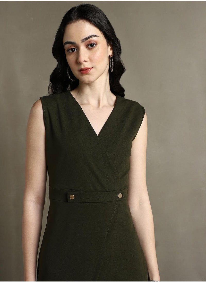 Dennis Lingo Women's Olive 100% Polyester Solid Knee Length Shift Regular Fit Dress  - Image 1