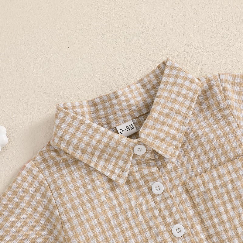 Karuedoo Newborn Baby Boy Clothes Gingham Short Sleeve Collared Romper Jumpsuit Plaid Button Down Bodysuit Summer Outfit (Khaki, 0-3 Months) - Image 5
