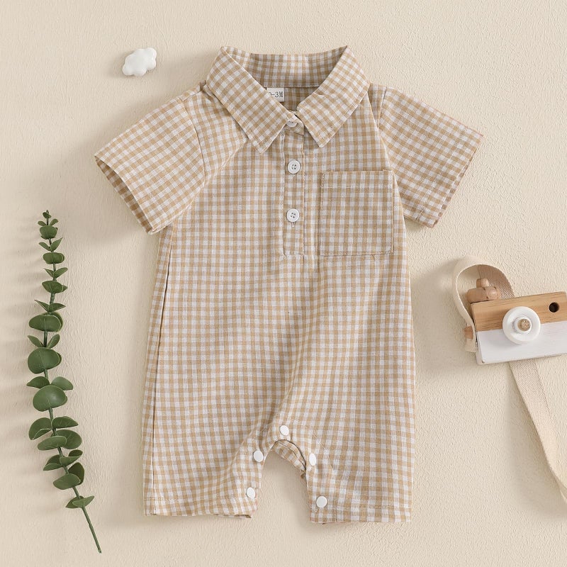 Karuedoo Newborn Baby Boy Clothes Gingham Short Sleeve Collared Romper Jumpsuit Plaid Button Down Bodysuit Summer Outfit (Khaki, 0-3 Months) - Image 3