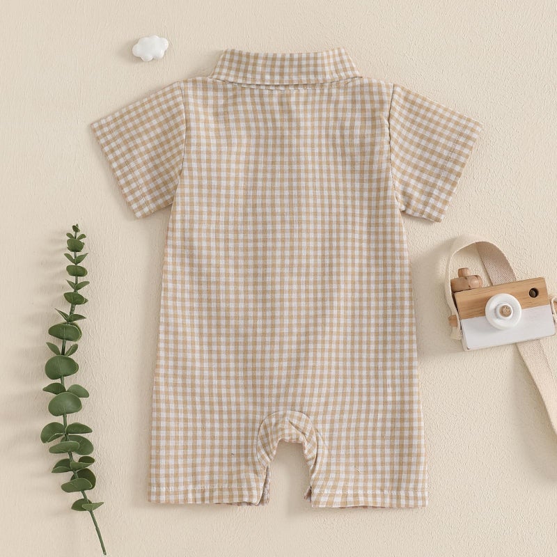 Karuedoo Newborn Baby Boy Clothes Gingham Short Sleeve Collared Romper Jumpsuit Plaid Button Down Bodysuit Summer Outfit (Khaki, 0-3 Months) - Image 4