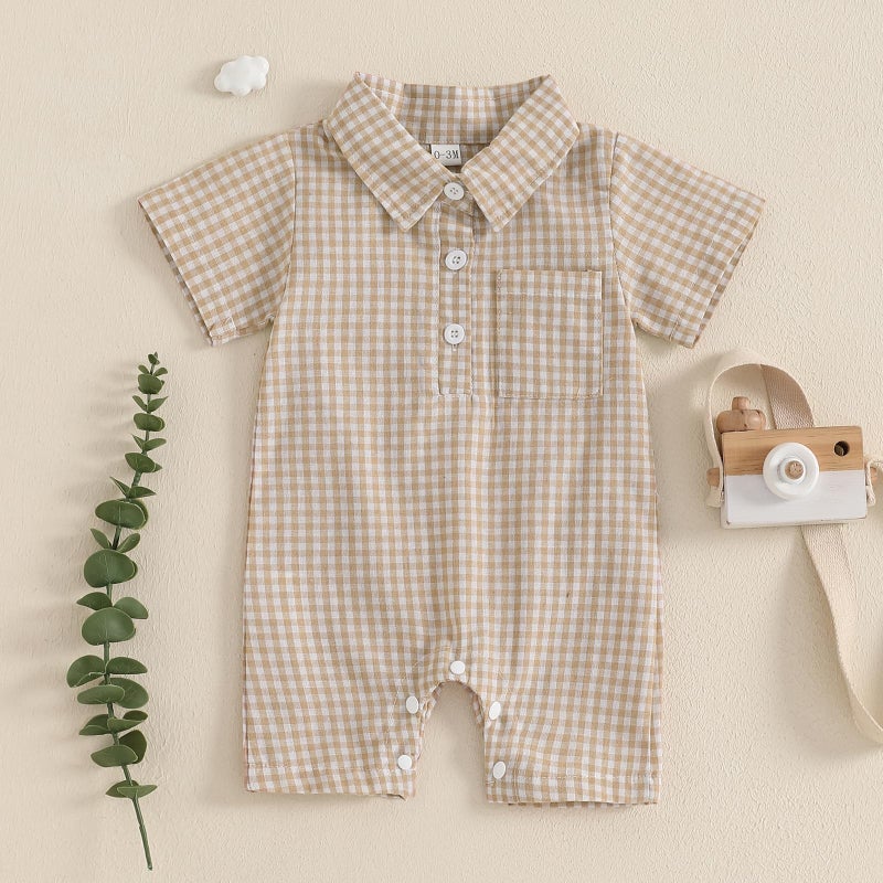 Karuedoo Newborn Baby Boy Clothes Gingham Short Sleeve Collared Romper Jumpsuit Plaid Button Down Bodysuit Summer Outfit (Khaki, 0-3 Months) - Image 2