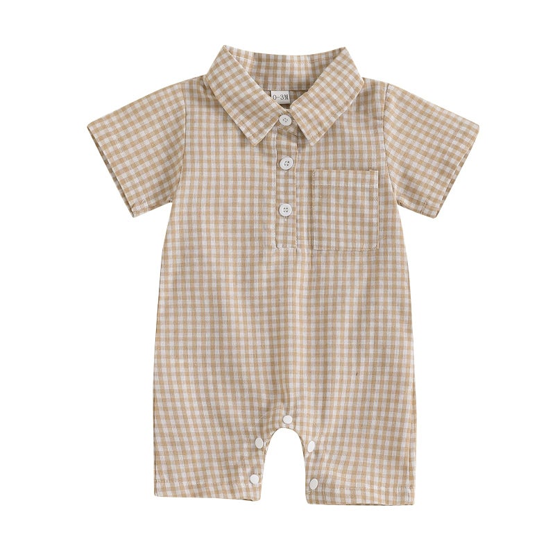 Karuedoo Newborn Baby Boy Clothes Gingham Short Sleeve Collared Romper Jumpsuit Plaid Button Down Bodysuit Summer Outfit (Khaki, 0-3 Months) - Image 1