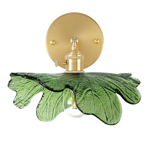 Qufute Vanity Lights for Bathroom Mid Century Modern Wall Sconce Light Fixture Green Flower Glass Shade 90 Degree Adjustable Gold Sconce Hardwired Vintage Wall Lighting for Over Mirror Bath - Image 1