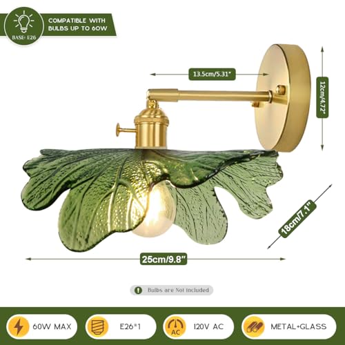 Qufute Vanity Lights for Bathroom Mid Century Modern Wall Sconce Light Fixture Green Flower Glass Shade 90 Degree Adjustable Gold Sconce Hardwired Vintage Wall Lighting for Over Mirror Bath - Image 2