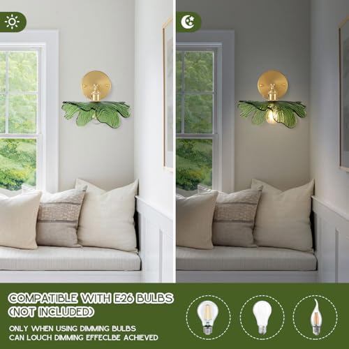 Qufute Vanity Lights for Bathroom Mid Century Modern Wall Sconce Light Fixture Green Flower Glass Shade 90 Degree Adjustable Gold Sconce Hardwired Vintage Wall Lighting for Over Mirror Bath - Image 3