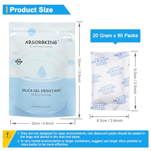 Absorbking Silica Gel Packs - 80Pcs 20Gram Moisture Absorbers, Premium Transparent Desiccant for Storage, Silica Gel Desiccant Packets Food Safe for Moisture - Image 2