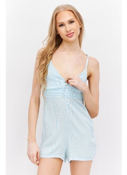 Women Sleeveless Allover Print Playsuit, Turquoise