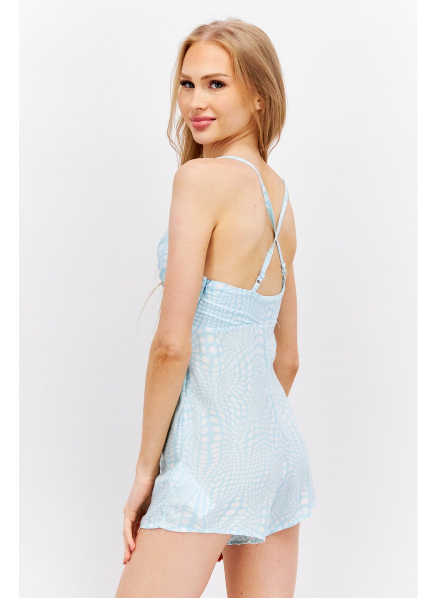 Don't Call Me Jennyfer - Women Sleeveless Allover Print Playsuit, Turquoise - Image 1