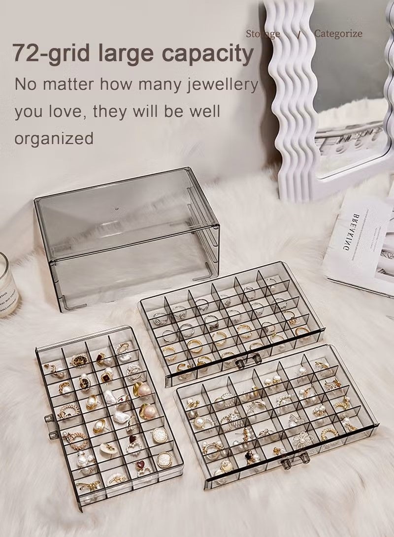 O2. 3-Layer Transparent Acrylic Jewelry Organizer Box with 72 Compartments – Stackable Storage Drawer Case - Image 4