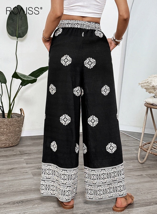 roaiss Simple Black Palazzo Pants for Women Traditional Motif Print with Adjustable Drawstring Elastic Waist Long Pants Premium Linen-Blend Fabric for Flowy Straight Cut Perfect for Resort City Styling - Image 2