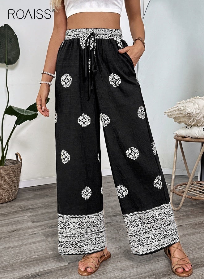 roaiss Simple Black Palazzo Pants for Women Traditional Motif Print with Adjustable Drawstring Elastic Waist Long Pants Premium Linen-Blend Fabric for Flowy Straight Cut Perfect for Resort City Styling - Image 1