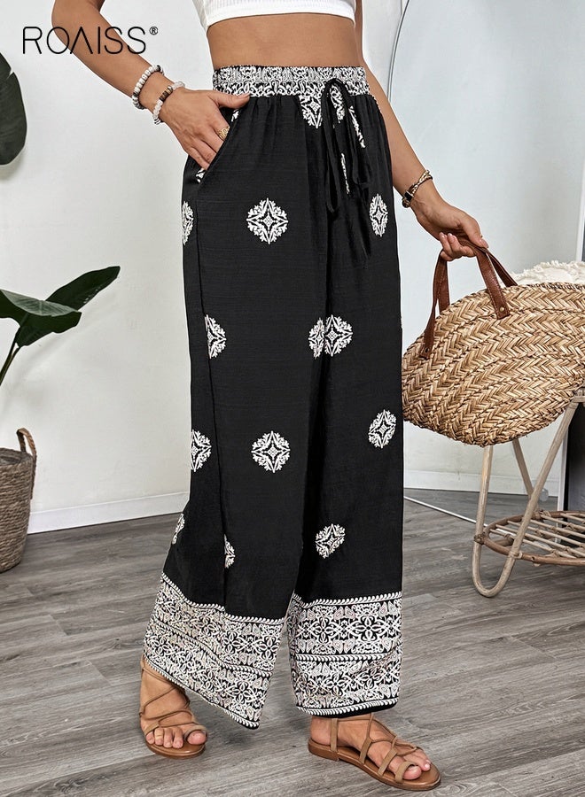 roaiss Simple Black Palazzo Pants for Women Traditional Motif Print with Adjustable Drawstring Elastic Waist Long Pants Premium Linen-Blend Fabric for Flowy Straight Cut Perfect for Resort City Styling - Image 3