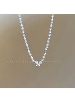 Titanium Steel Non-Discoloring Pearl Lock Bone Chain Women Design Sensation Small Necklace Accessories Sweet Style Geometric Silver Crystal Butterfly Necklace