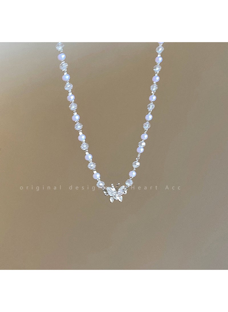 Generic - Titanium Steel Non-Discoloring Pearl Lock Bone Chain Women Design Sensation Small Necklace Accessories Sweet Style Geometric Silver Crystal Butterfly Necklace - Image 1