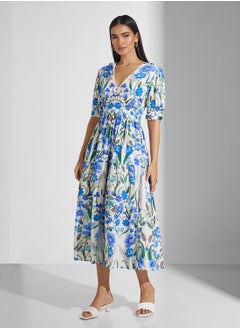 Hope & Ivy Puff Sleeve V-Neck Midi Dress  - Image 1
