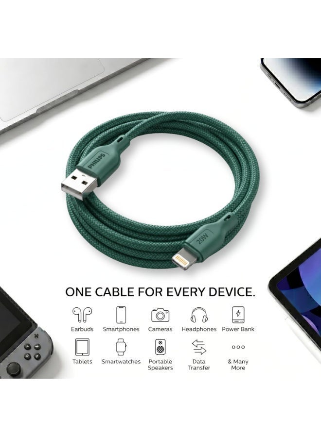 PHILIPS USB Type-A to Lightning Fast Charging Cable, 20W Fast Charging, MFi Certified, Nylon Braided, 1m, Crystal Teal, DLC4130VT/94 green - Image 4