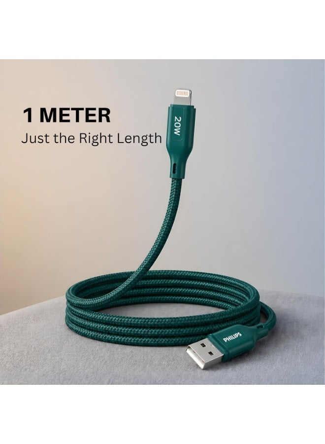 PHILIPS USB Type-A to Lightning Fast Charging Cable, 20W Fast Charging, MFi Certified, Nylon Braided, 1m, Crystal Teal, DLC4130VT/94 green - Image 3