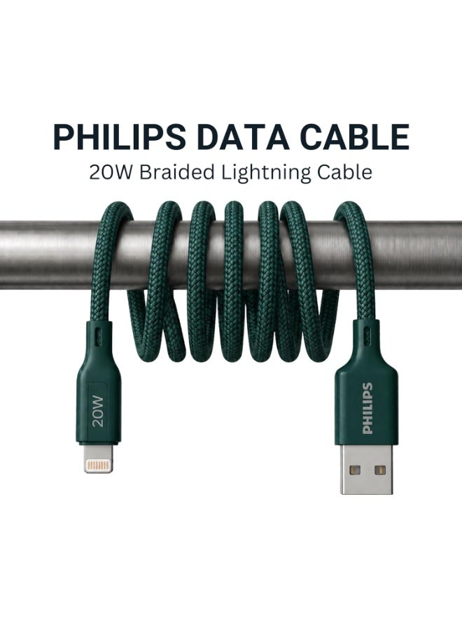 PHILIPS USB Type-A to Lightning Fast Charging Cable, 20W Fast Charging, MFi Certified, Nylon Braided, 1m, Crystal Teal, DLC4130VT/94 green - Image 2