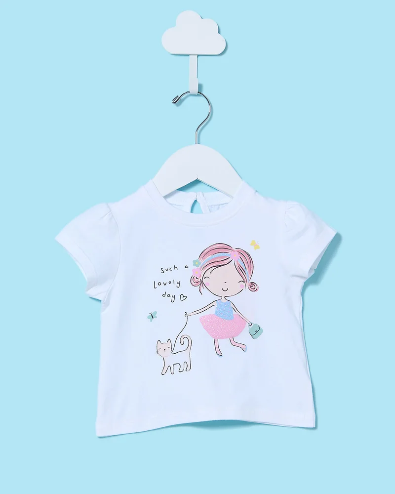 Redtag Infant Girls White  Printed T-Shirt