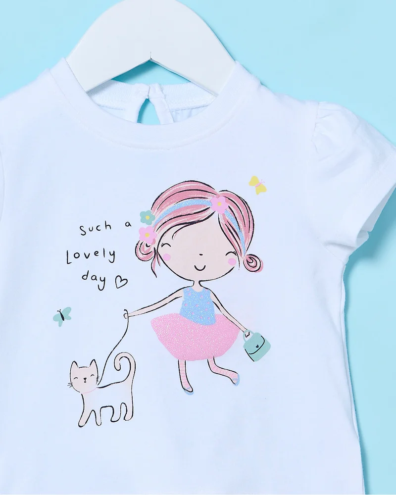 Redtag Infant Girls White  Printed T-Shirt
