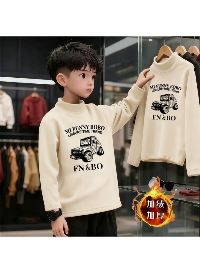 Boys And Girls' Thick Half High Neck Velvet Bottom Shirt, Autumn And Winter New Warm Baby Long Sleeve T-shirt - Image 1