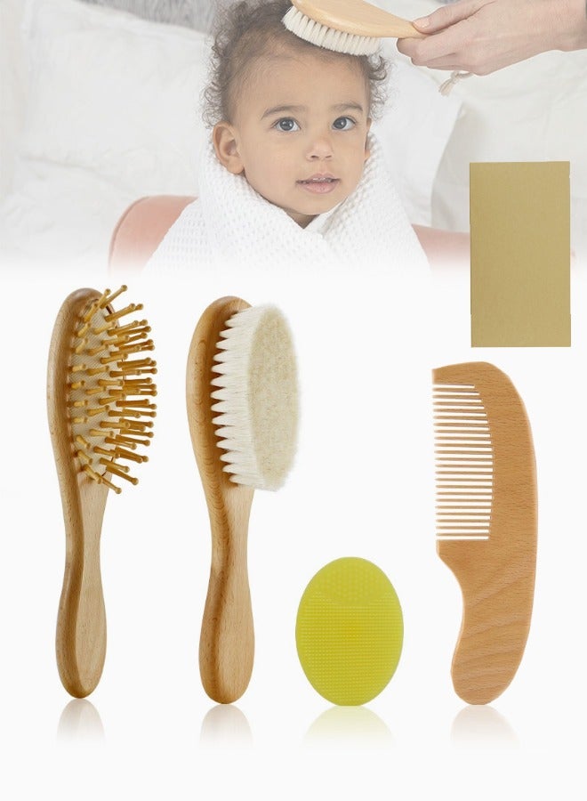 Baby Hair Brush and Comb Set, 4 Pcs Newborn Hair Brush with Soft Bristle, Natural Goat Hair and Wood Baby Cradle Cap Comb for Newborns  Toddlers, Newborn Baby Essentials, Perfect Registry Gift - Image 1