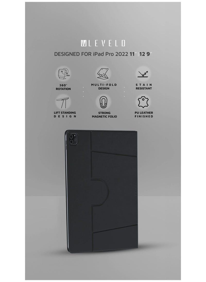 LEVELO iPad Pro 13inch 2024 Case Elegante Folio Pro Back Cover / 360° Rotation / Multi Fold / PU Leather / Stain Resistant - Black - Image 3