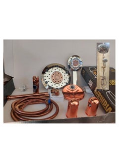 A bathroom shower consists of a fixed shower head and a movable shawer with 2 clamps and a movable hanger with a three-way adapter
