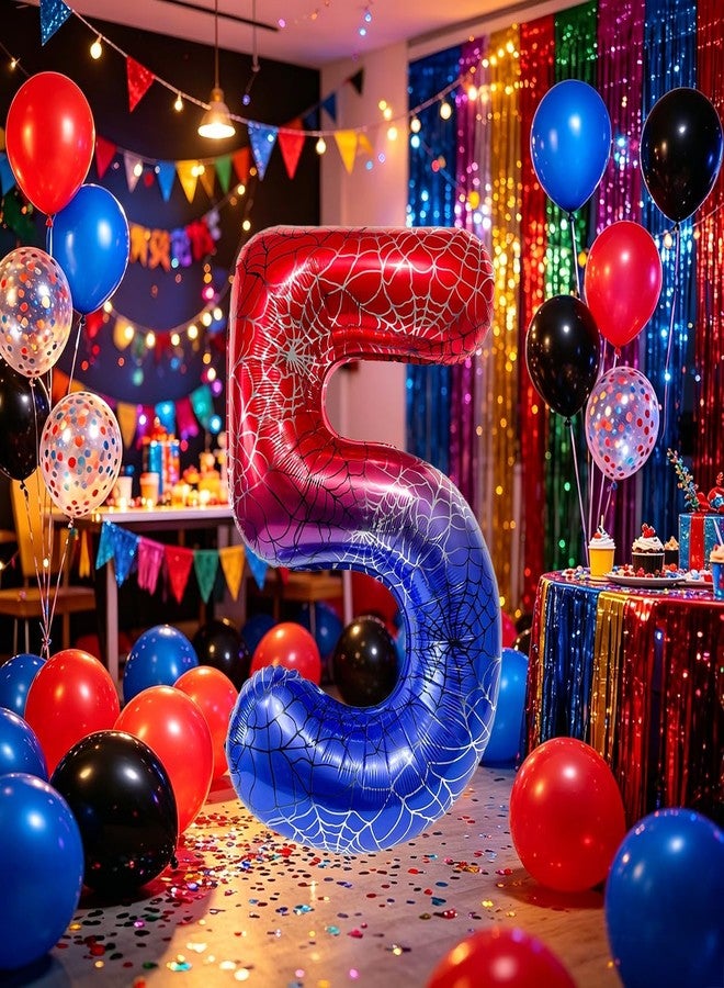 OUYANS 40 Inches Spiderweb Number Foil Balloon Birthday Decoration Spider Theme Red and Blue Party Decoration Latex Balloon for Spider Party Birthday Anniversary Party Supplies (Number 5) - Image 5