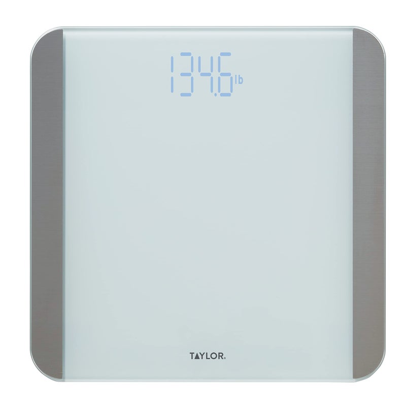 Taylor ميزان الحمام الرقمي الزجاجي تايلور لوزن الجسم مع مستشعرات الحركة والضوء، شاشة LED ساطعة، 440 رطل، أبيض - Image 1