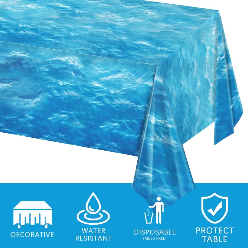 Oigco 3 Pieces Ocean Waves Tablecloth 54 x 108 Inch Water Print Plastic Table Cover Ocean Party Table Cloths for Beach Pool Birthday Under The Sea Party Decorations Supplies - Image 3