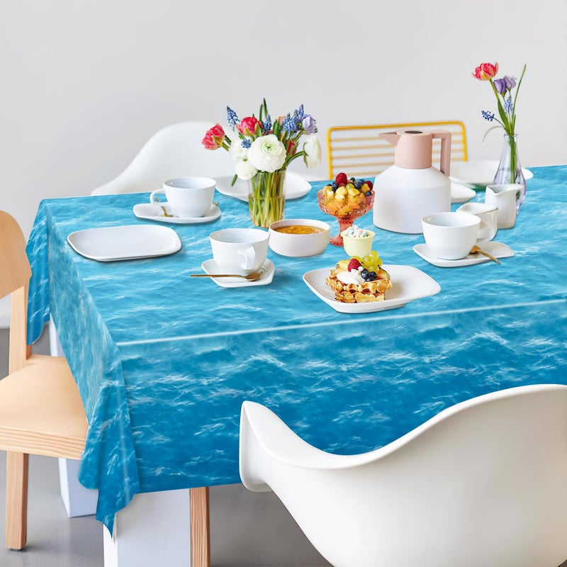 Oigco 3 Pieces Ocean Waves Tablecloth 54 x 108 Inch Water Print Plastic Table Cover Ocean Party Table Cloths for Beach Pool Birthday Under The Sea Party Decorations Supplies - Image 4