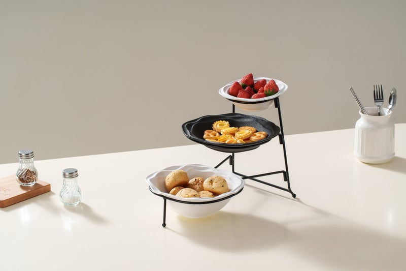 Shallow 3-Tier Porcelain Bowl Set with Stand  15cm, 21cm & 22cm Taqdeem Set-Food Tower for Home & Majlis - Black & White Mawaheen for Salads, Dips & Coffee Station Hosting - Image 5