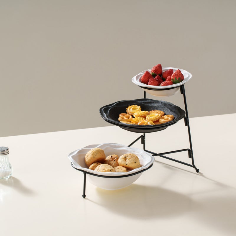 Shallow 3-Tier Porcelain Bowl Set with Stand  15cm, 21cm & 22cm Taqdeem Set-Food Tower for Home & Majlis - Black & White Mawaheen for Salads, Dips & Coffee Station Hosting - Image 2